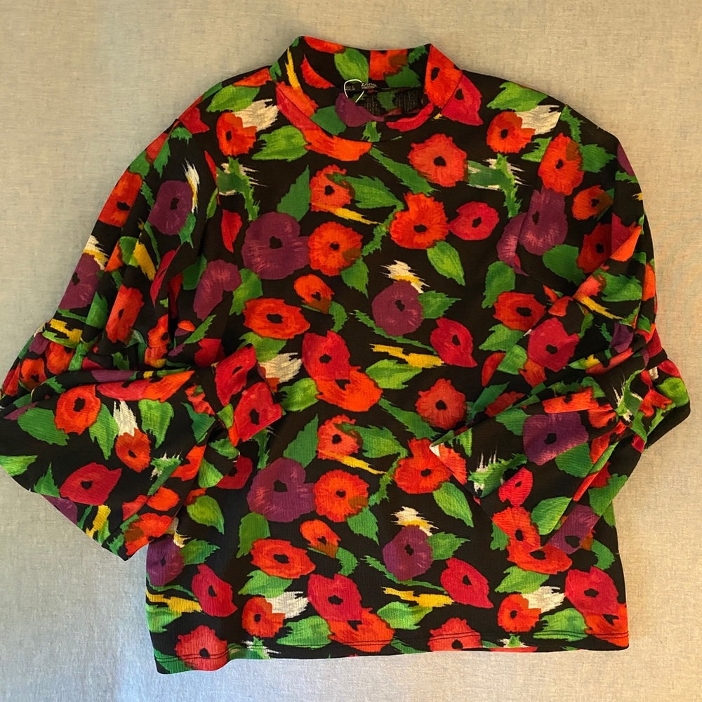 Zara Poppy Pattern Balloon Sleeve Mock Neck